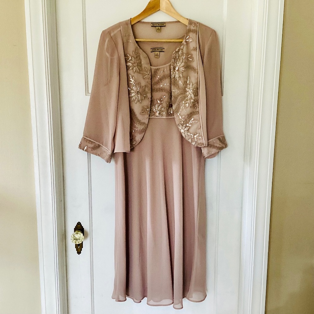 Maya Brooke women’s 14 Beige gold sequin embroidered 2 piece formal dress jacket